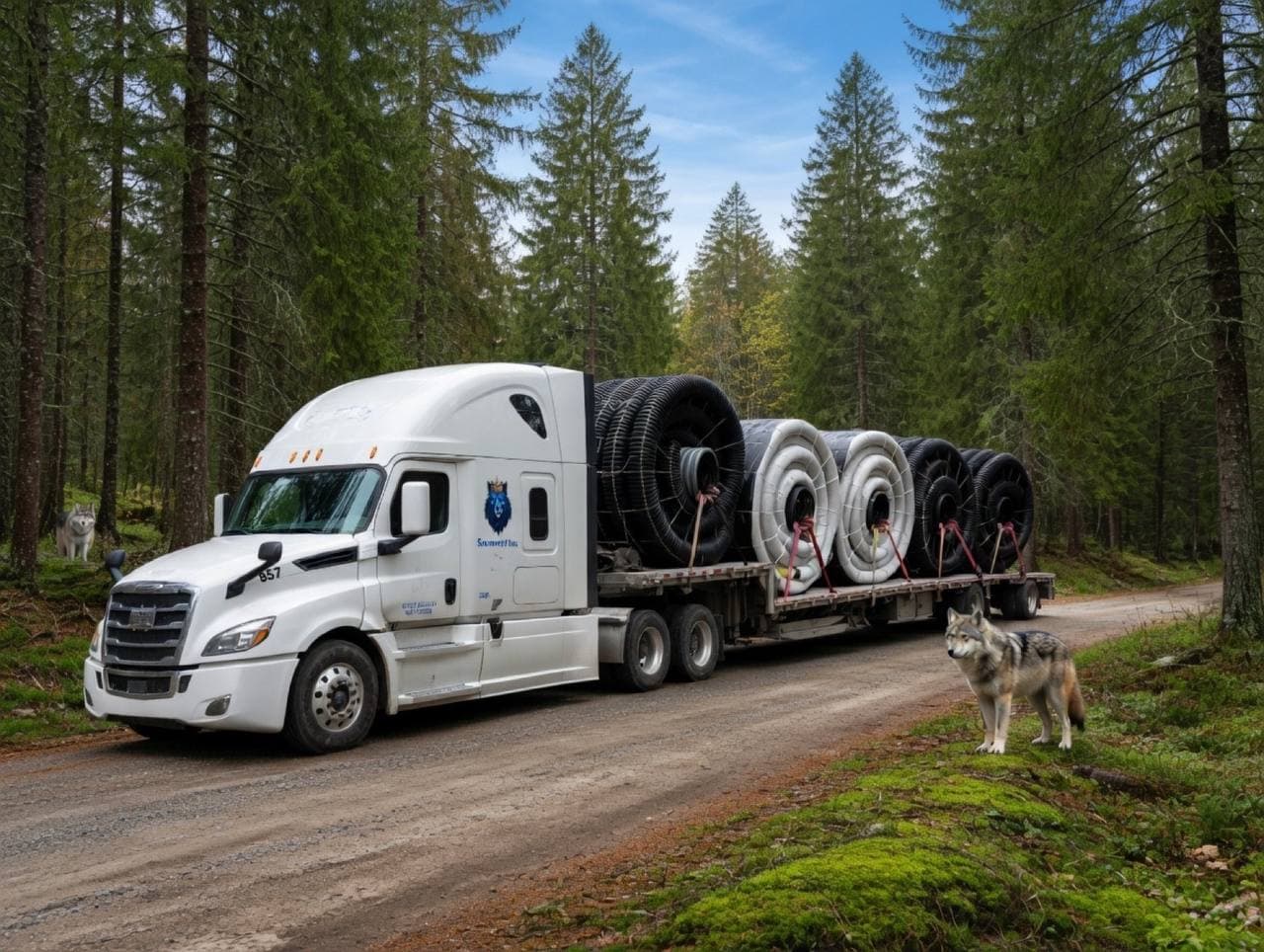 White Snowmen Express truck hauling oversized industrial tires through a lush Pacific Northwest forest